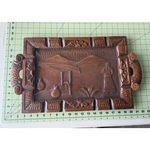 Vintage Mexican Folk Art Wood Serving Tray, Hand Carved 3D Relief w Glass Inset